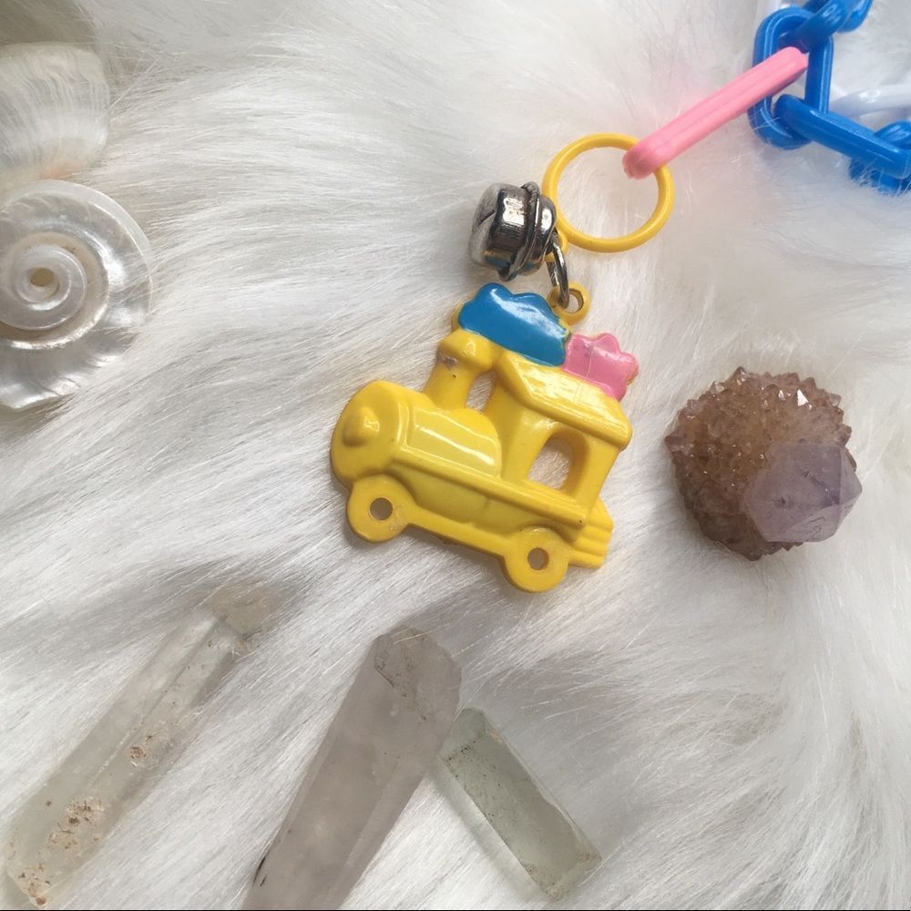 Vintage Pink Blue Yellow Train Bell Charm & 2 Link Necklaces 80s